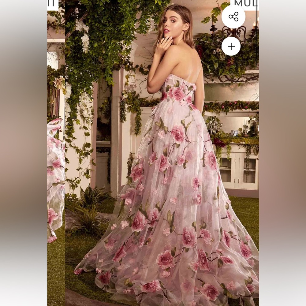 Strapless Floral Printed Organza A-line Slit Dress by Andrea and Leo size 4!